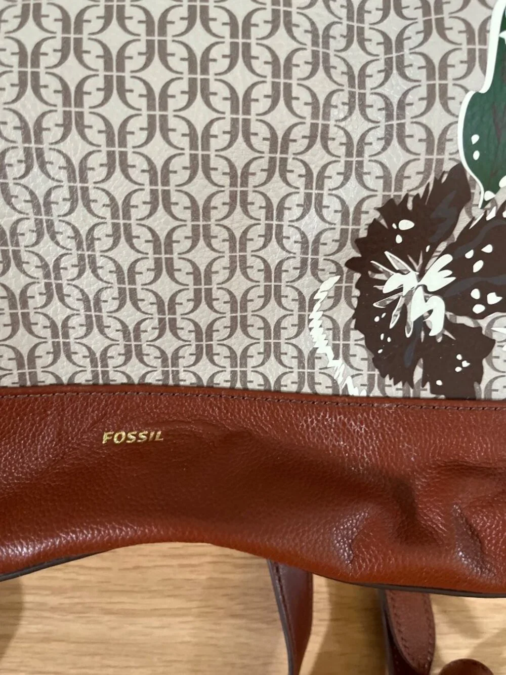 Fossil Elina Convertible Backpack Tan Cream Monogram Pattern With Floral Accents